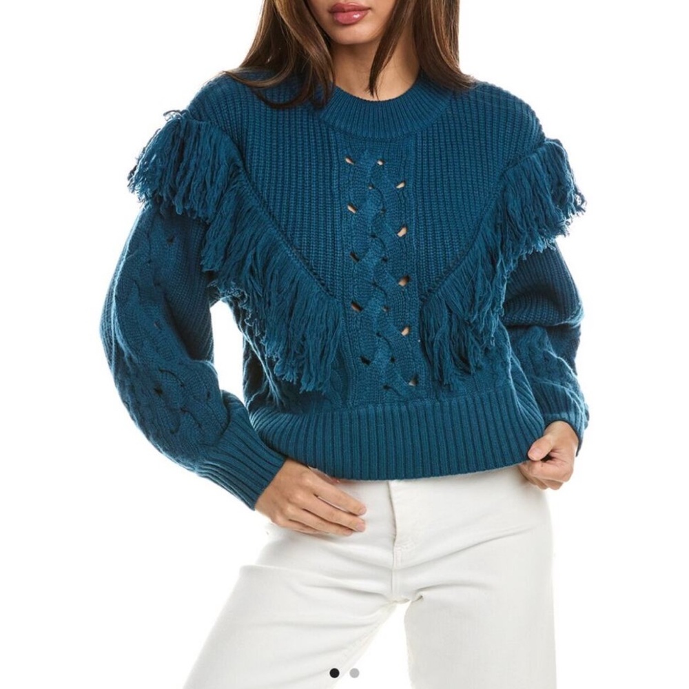 NWT$475 Equipment Amira Fringe Sweater In Deep lagoon, Wool/Cashmere S, Small